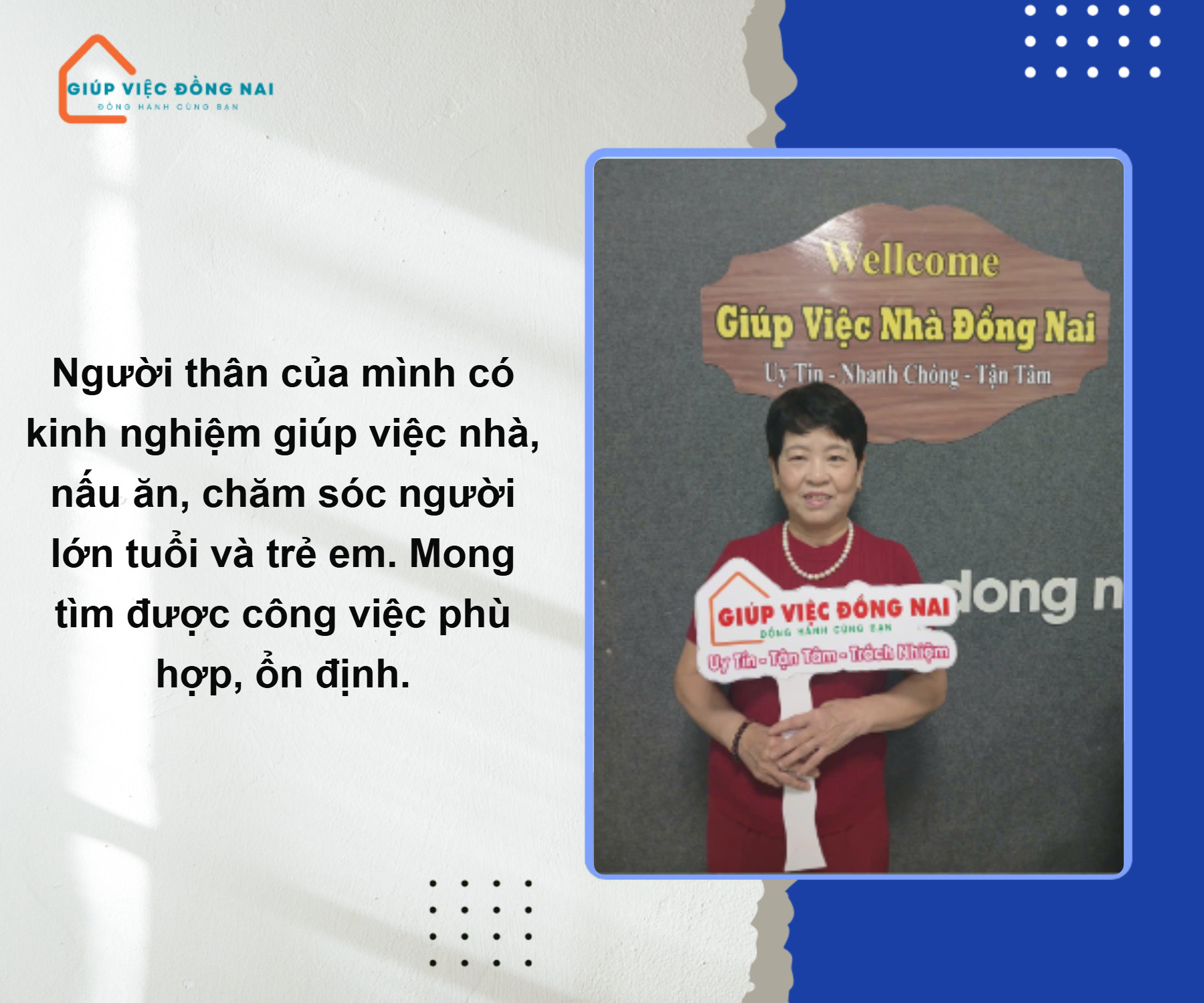 Chị PHẠM THỊ QUANG, sinh năm 1964, quê Nghệ An cần tìm việc