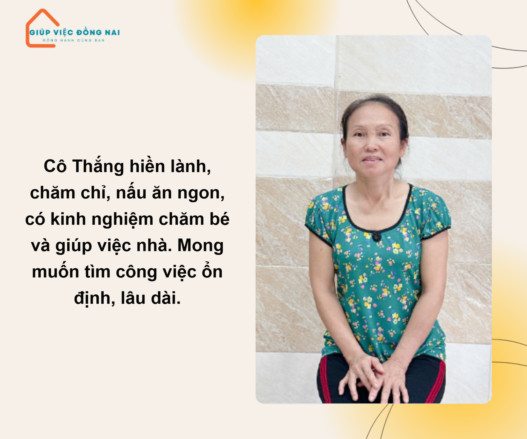 Chị VÕ THỊ ĐỨC THẮNG, sinh năm 1976, quê Bình Thuận cần tìm việc