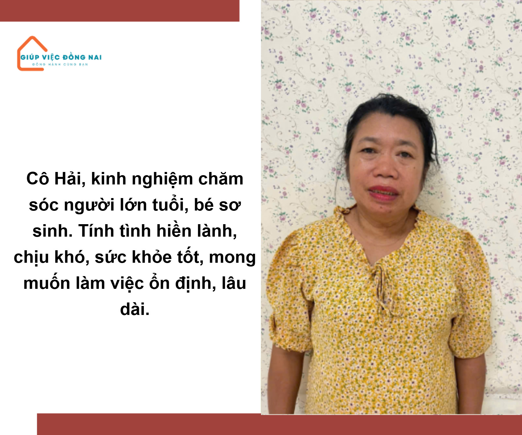Chị NGUYỄN THỊ HẢI, sinh năm 1973, quê Nghệ An cần tìm việc