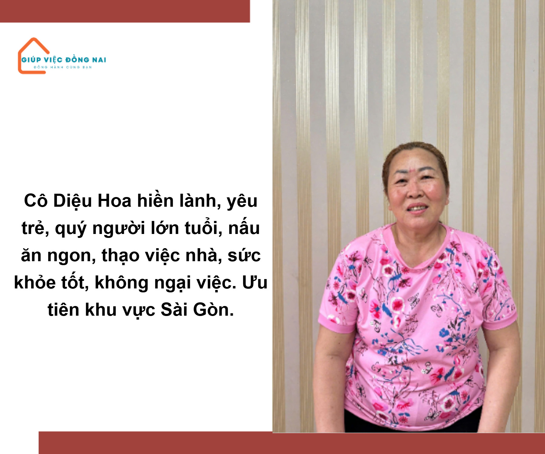 Chị Huỳnh Thị Diệu Hoa, sinh năm 1970, quê Khánh Hòa cần tìm việc