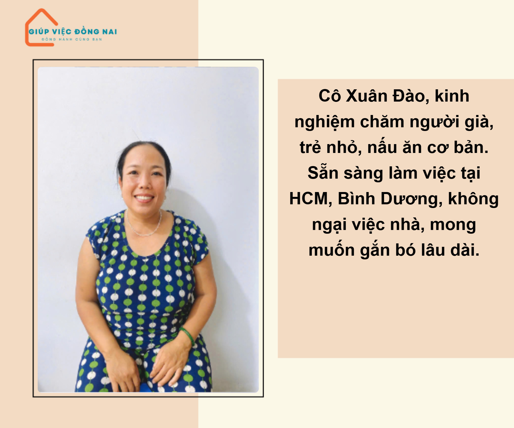 Chị DƯƠNG THỊ XUÂN ĐÀO, sinh năm 1980, quê Hậu Giang cần tìm việc