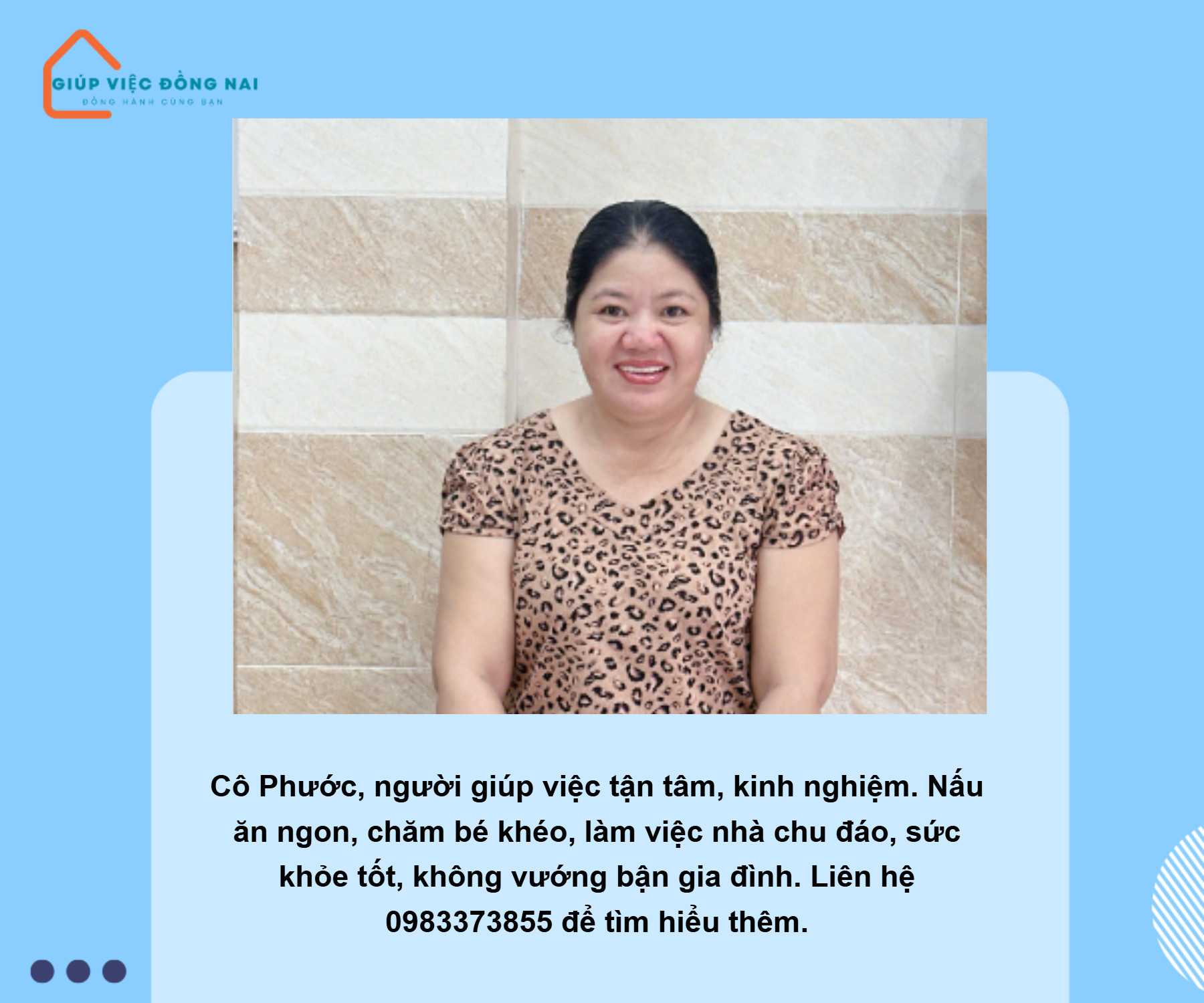 Chị NGUYỄN THỊ PHƯỚC, sinh năm 1976, quê Đồng Nai cần tìm việc