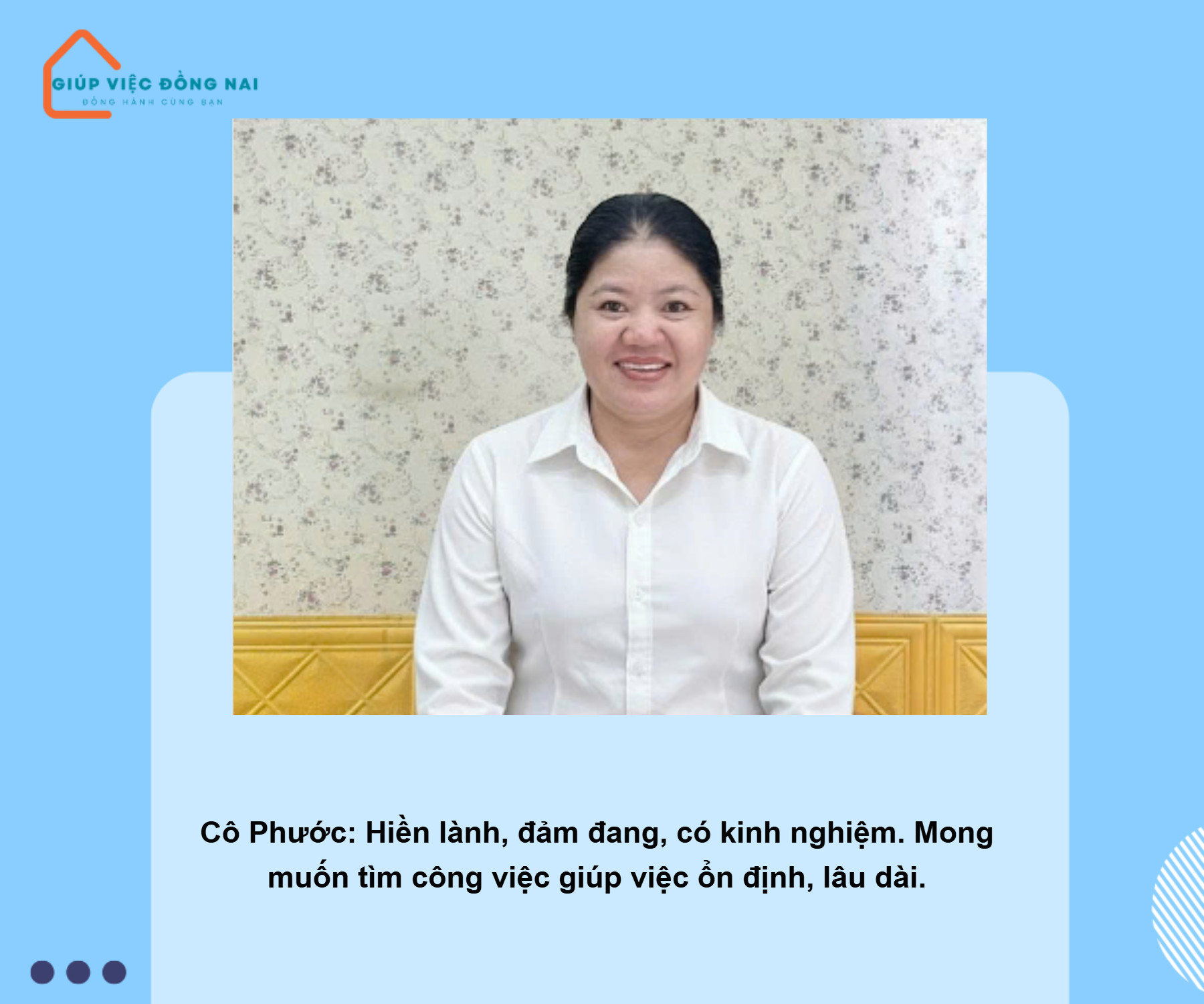 Chị NGUYỄN THỊ PHƯỚC, sinh năm 1976, quê Đồng Nai cần tìm việc
