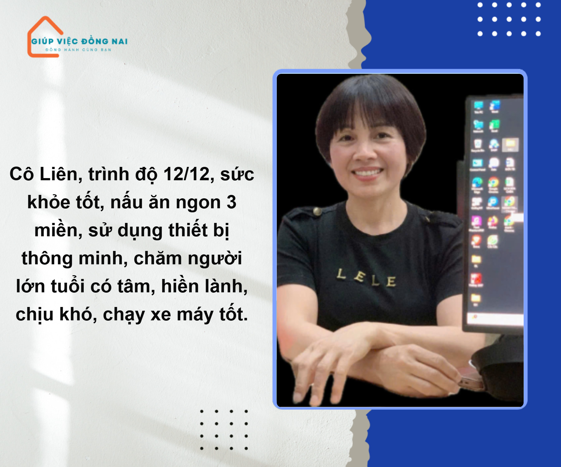 Chị ĐẶNG THỊ KIM LIÊN, sinh năm 1970, quê Bắc Giang cần tìm việc