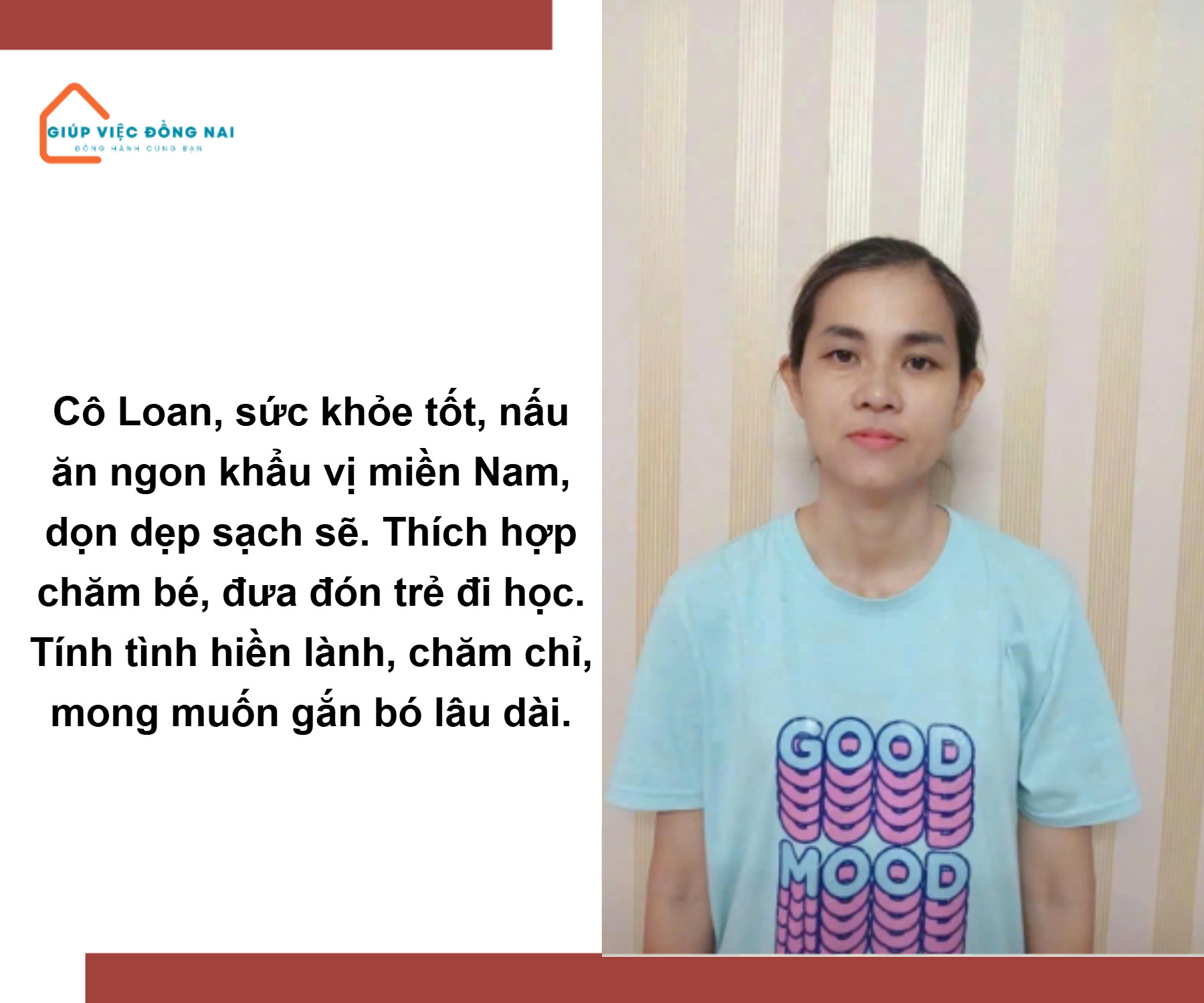 Chị PHÙNG HỒNG BÍCH LOAN, sinh năm 1980, quê Đồng Nai cần tìm việc