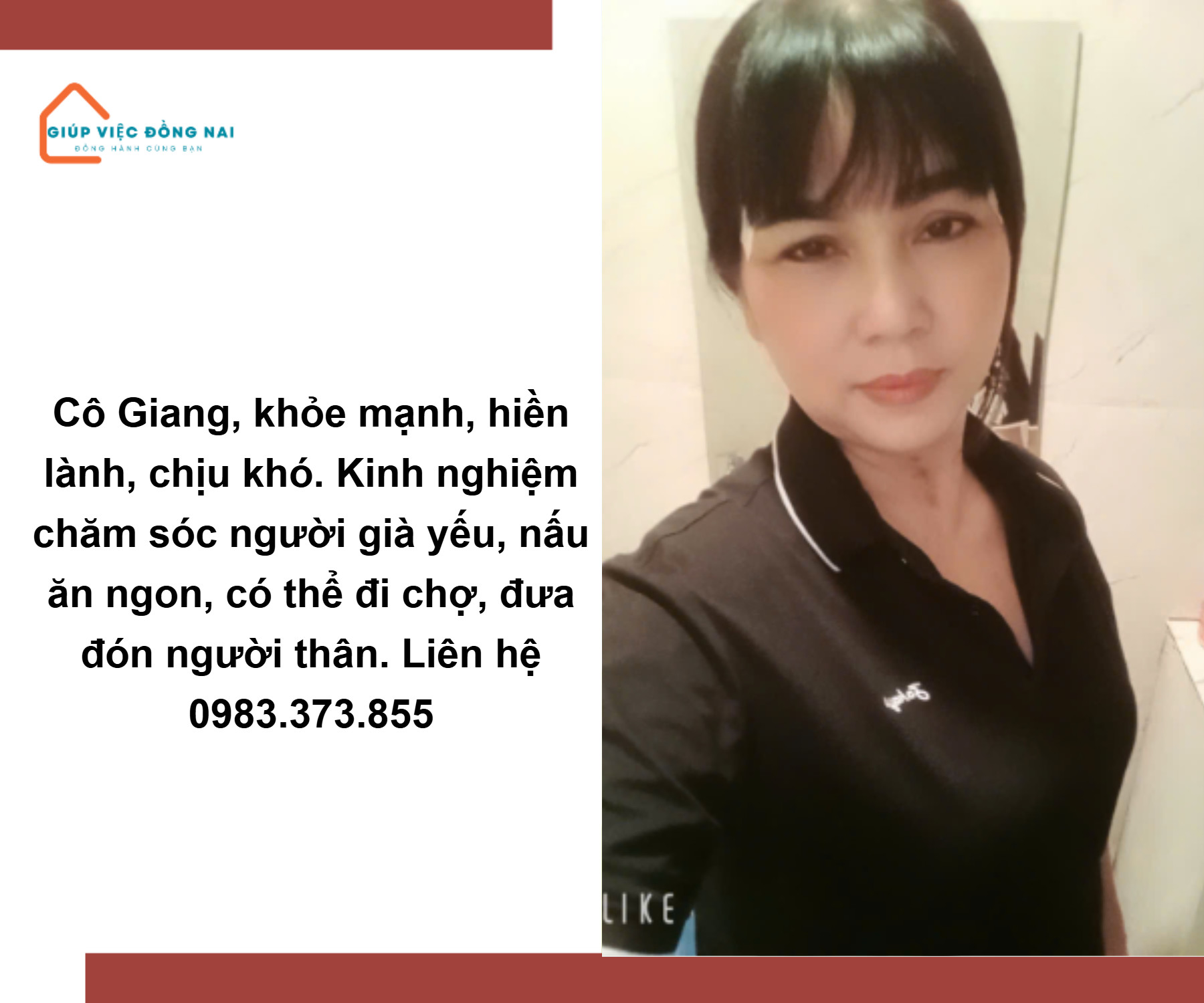 Chị TRẦN THỊ GIANG, sinh năm 1973, quê Đồng Nai cần tìm việc