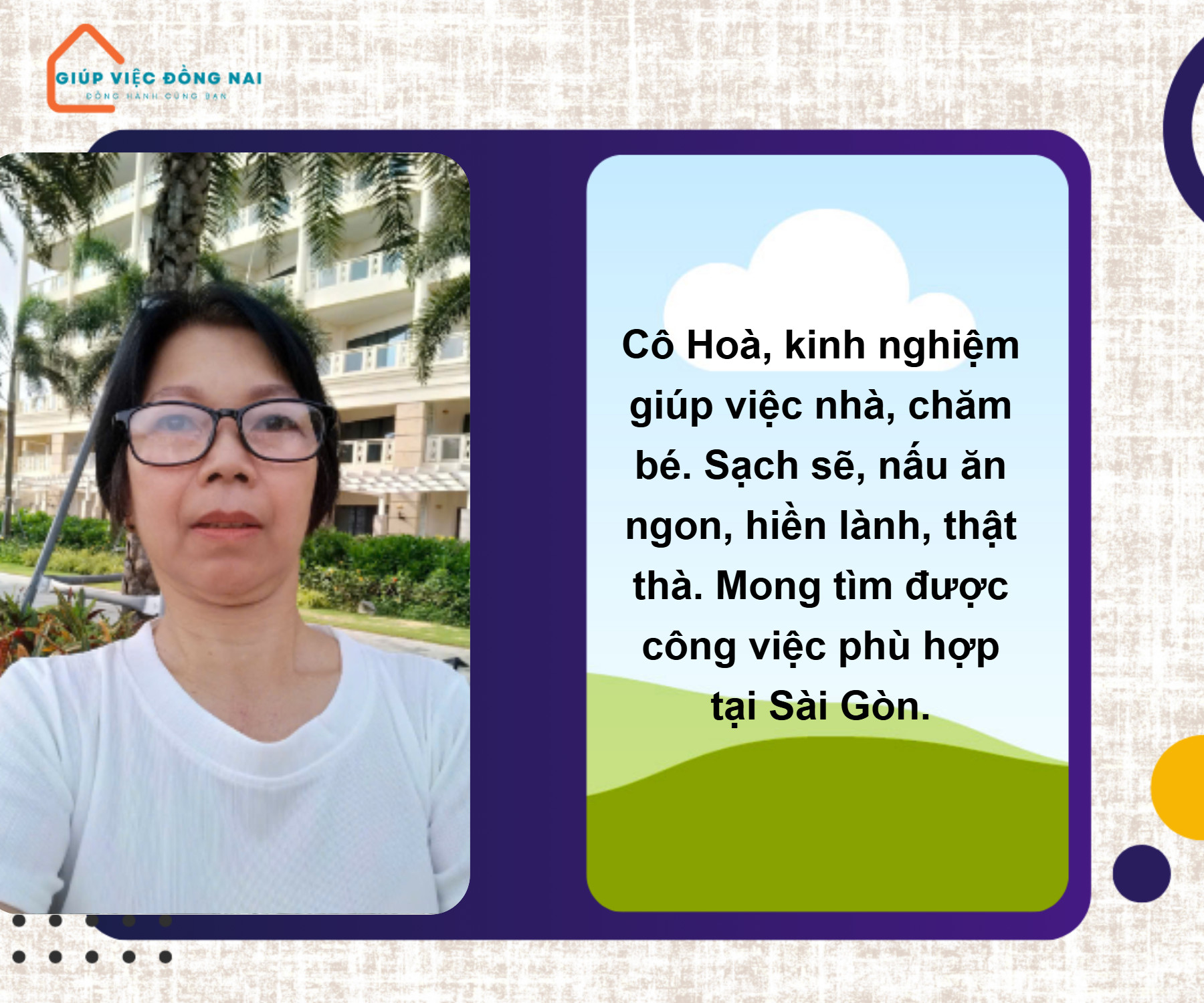 Chị TRỊNH THỊ HOÀ, sinh năm 1968, quê Hồ Chí Minh cần tìm việc