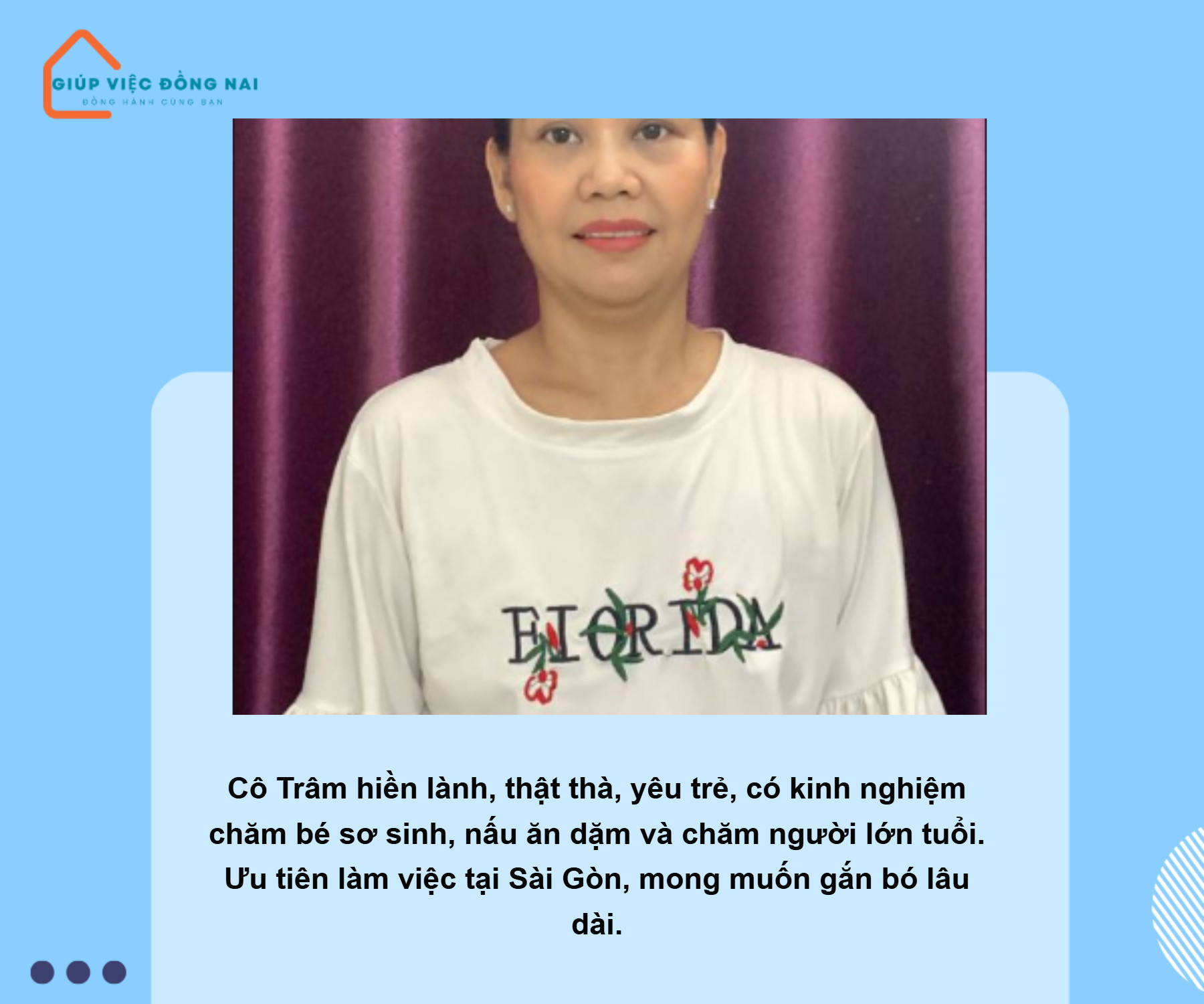 Chị VÕ THỊ NGỌC TRÂM, sinh năm 1972, quê Hồ Chí Minh cần tìm việc